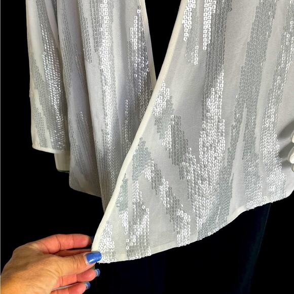 CHICO’S Women White Sheer Silver Beads in Geometric design Light jacket Size 0 - Picture 3 of 12